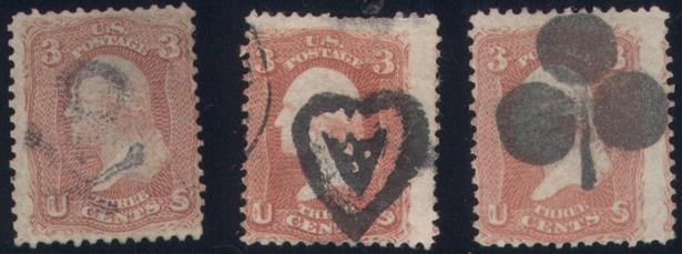 The first stamp above shows the skull and crossbones cancel of Elizabethtown, Kentucky. Second is the shield in heart cancel of New York, New York.