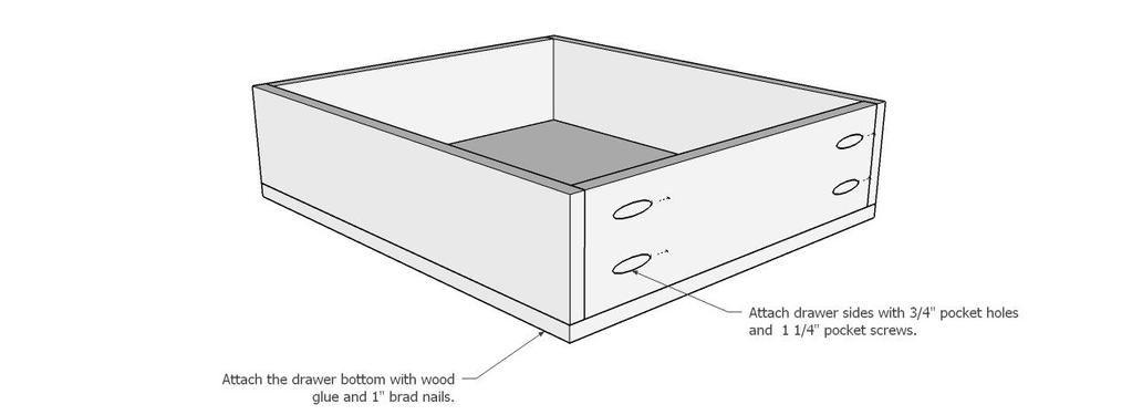 STEP 11: Build the drawer box. Drill ½ pocket holes into the plywood drawer sides. Glue and clamp the drawer sides to the drawer front and back. Attach with 1 pocket screws.
