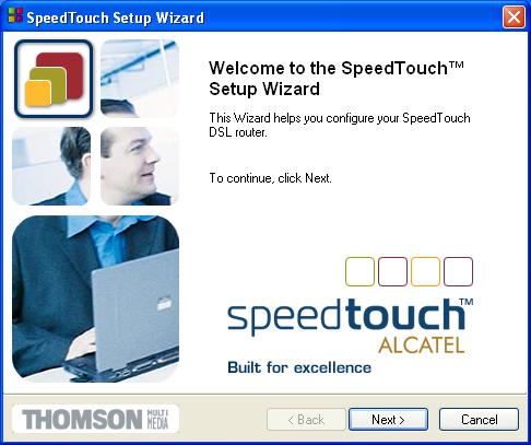 5 The Welcome to the SpeedTouch Setup Wizard window appears: Click Next to