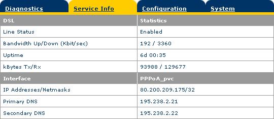 The System Information page consists of four sections: Click the Diagnostics tab to view the results of the System Self Test, LAN Connectivity and DSL synchronization test: Click the Service Info tab