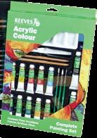 49 Reeves Easel Painting Set Beginner Acrylic painting set contains 8 tubes of 12mL color, a wooden H-frame table top easel, two 8 x8 painting boards, and a synthetic