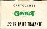 GEVELOT Lithograph Issues LR-2 LR-3.22 LONG RIFLE (TARGET). "MATCH". Green and white box with gold and black printing. Large, one-piece box with end flaps.