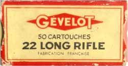 GEVELOT LR-1.22 LONG RIFLE. Cream and green box with black printing. One-piece box with end flaps. "GG-5" h/s on a copper case. Lead bullet. LR-2.22 LONG RIFLE. Cream and blue box with black printing.