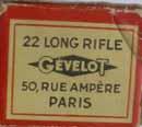 GEVELOT S-1.22 SHORT. "SMOKELESS". Cream and brown-red box with black printing. One-piece box with end flaps. "GG-5" h/s on a copper case. Lead bullet. LR-1..22 LONG RIFLE.