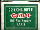 GEVELOT LR-1.22 LONG RIFLE. Green and white box with white and red printing. Onepiece box with end flaps.