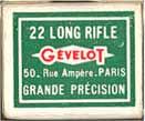 GEVELOT LR 1.22 LONG RIFLE (TARGET). "GRANDE PRECISION". Green and box with white and red printing. One-piece box with end flaps.
