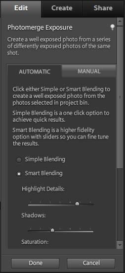 Note: By default, Photoshop Elements creates the merge with Smart Blending, which allows you to fine tune highlights and shadows (Figure 24). Simple Blending is faster but offers less control.