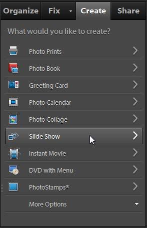 To create a slide show: 1. Add the photographs to the Organizer workspace. 2. Click the Create tab (Figure 2). 3. Click Slide Show. The Slide Show Preferences dialog box appears (Figure 3). 4.