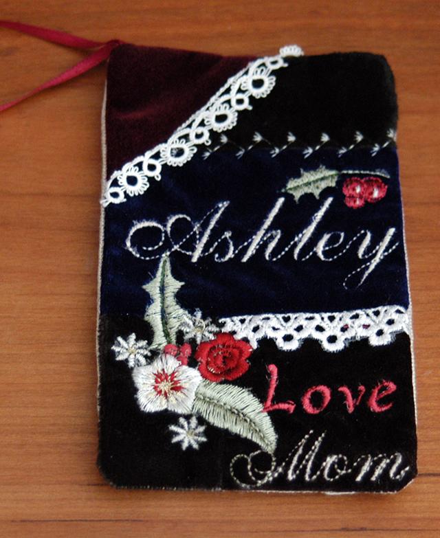 Both items feature designs from Velvet collection by Graceful Embroidery Stocking, a Think about using Sulky Original Metallic Thread (green #7018),