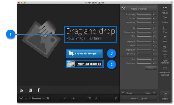 How to open an image: There are three simple ways to open an image for editing: 1. Drag and drop any image file from Finder or your desktop onto the Movavi Photo Editor window. 2.