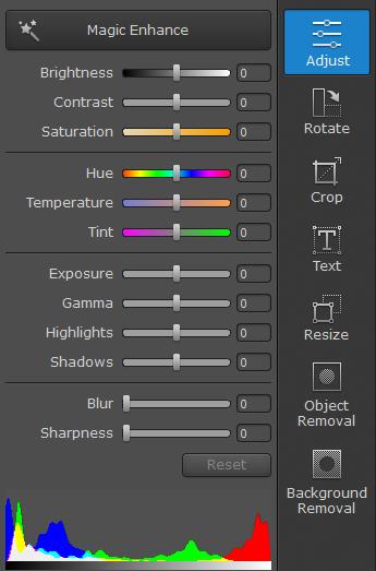 Above the histogram, you will find several groups of sliders. Each slider allows you to change a certain parameter of the image, such as its brightness.