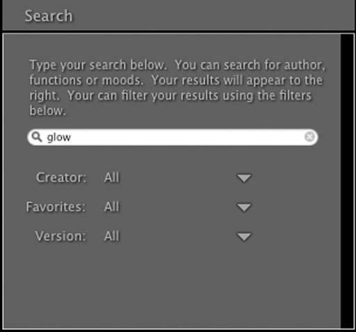 24. Using PhotoTools Home > Using PhotoTools > Using the Effects Library > Searching Searching Search mode allows you to search for effects or presets simply by typing in any word that is part of the