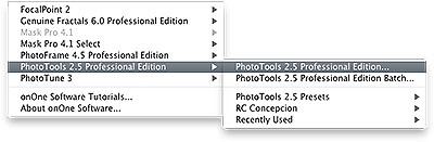 56. Using PhotoTools Home > Using PhotoTools > onone Panel and Menu onone Panel and Menu The onone Menu is a special menu that will appear in the menu bar in Photoshop between the Window and Help