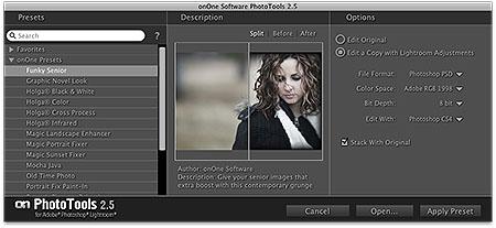 The PhotoTools for Lightroom dialog will appear, select the Open... button. For Details on using the PhotoTools for Lightroom dialog look below.