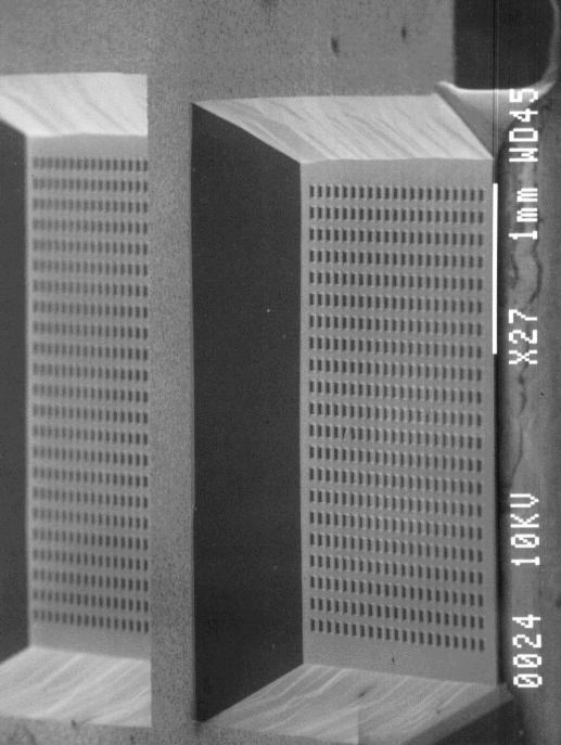 After rinsing the samples thoroughly, the chips are diced and wire bonded to a DIL metal package. Figures 6-9 shows SEM pictures of the fabricated. Figure 6 shows the top view of a 2.6 2.6 device.