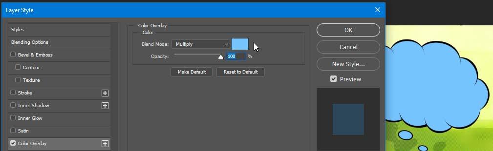 How to change the balloon color: A quick way is to apply a Color Overlay style to the balloon layer: Select Layer > Layer Style > Color Overlay from the menu (or click the fx button