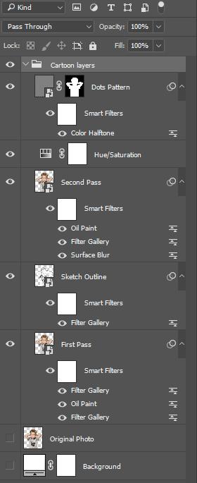 The layers: When the Cartoonizer action completes, a layers group called Cartoon layers is created. Click to expand its contents: it contains 5 layers that make up the overall effect.