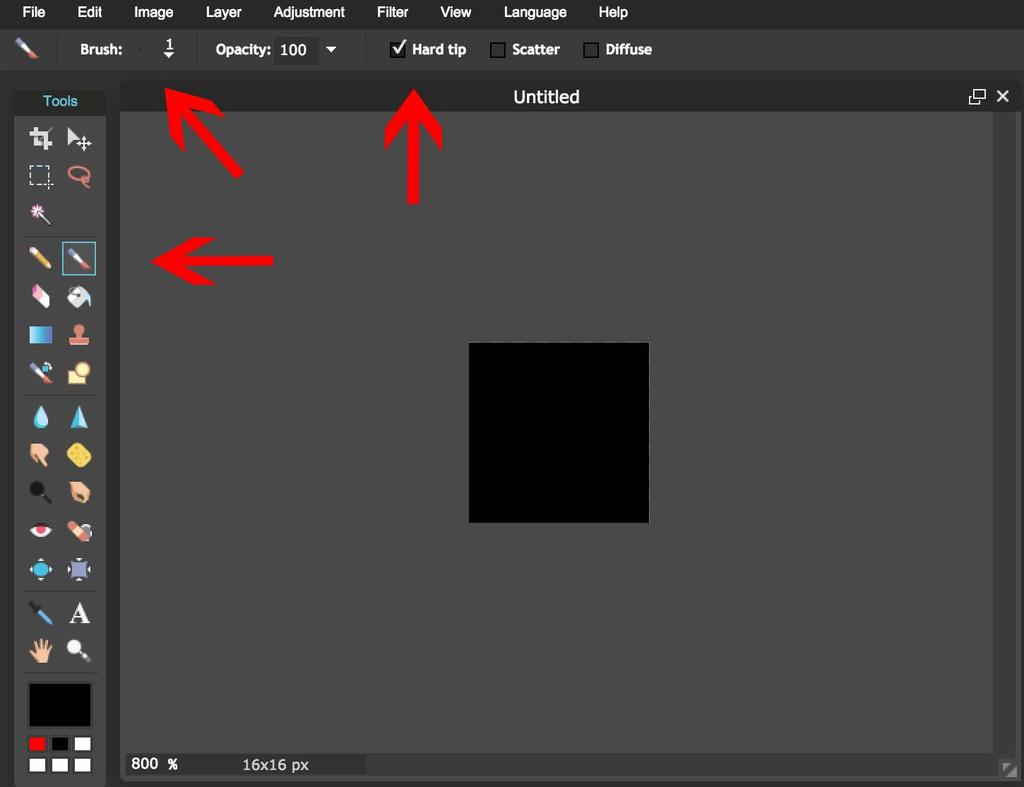 3) Select "Hard Tip". This makes a nice solid pixel rather than slightly faded. Without this, the system tries to blend it with the surrounding pixels and it will appear dim.