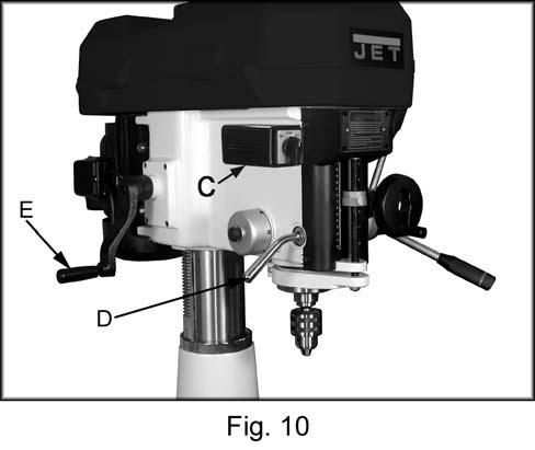 Motor Mount Lock Lever: (A, Fig. 9) Located on the right side of the head casting. Locks and unlocks the motor mounting plate enabling the user to tension v-belts. 3. Release two latches (G, Fig.