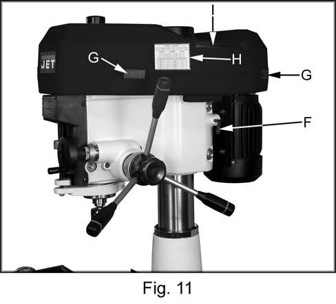 Tighten two hex nuts to lock the head in position. On-Off Switch: (C, Fig. 10) Turns spindle on and off, and changes spindle direction. Allow the spindle to come to a stop before reversing rotation.