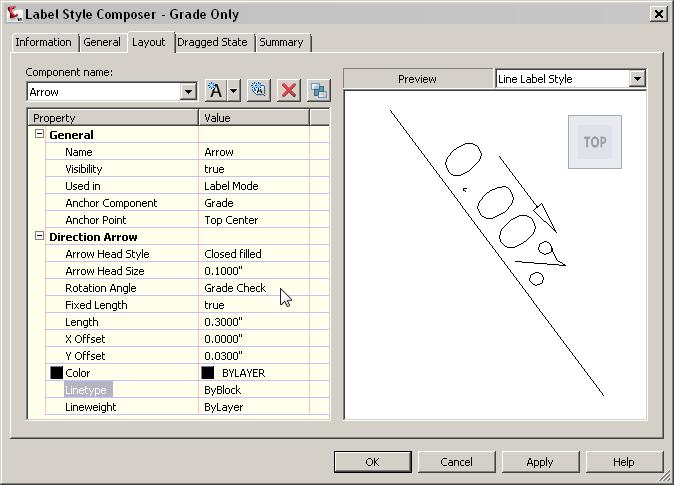 Figure 6: Configuring Grade Check arrows in Grade Only label style To set downhill grade arrows 1 In Toolspace, on the Settings tab, expand the General Label Styles Line collection.