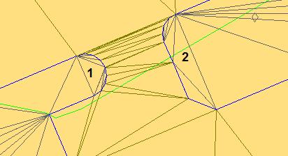 Figure 27: Improved triangulation on one side The arcs in the ramp (area 1) are now triangulated better, but the triangles on the right side (2) are not well