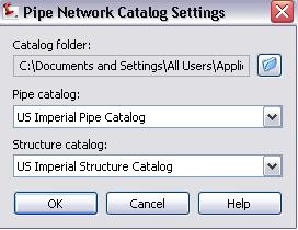You can point your drawing to a different catalog by clicking Pipes menu Set Pipes Network Catalog, and then changing the settings in the dialog box shown in figure 2.