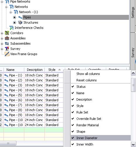 Figure 3: Edit styles in the item view You can quickly edit the styles of many pipes or structures in the Prospector tab for that pipe network as shown in figure 3.