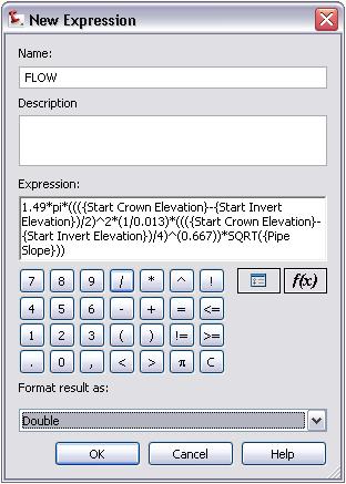Click OK. Figure 7: Flow capacity expression NOTE The term ((Start Crown Elevation Start Invert Elevation)/2) has been substituted for Pipe Radius.