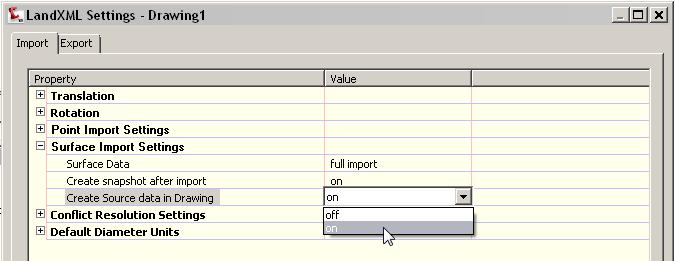 Working with LandXML Files Use settings to minimize surface file size. Before importing LandXML data to build a surface, check the LandXML settings for surface import, as shown in figure 2.