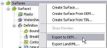Figure 3: DEM file export The Export Surface To DEM dialog box, shown in figure 4, is where you can set the grid spacing in the exported DEM file.