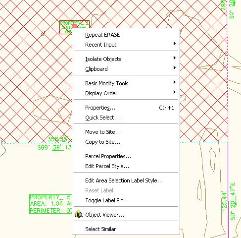 Figure 6: Parcel area selection label context menu Quickly Editing with the Style Selection Dialog Box To quickly edit a parcel line segment or other label object, except for parcel area selection