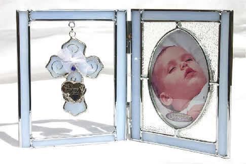 BLUE STAINED GLASS PICTURE FRAME with hanging cross which includes white ribbon