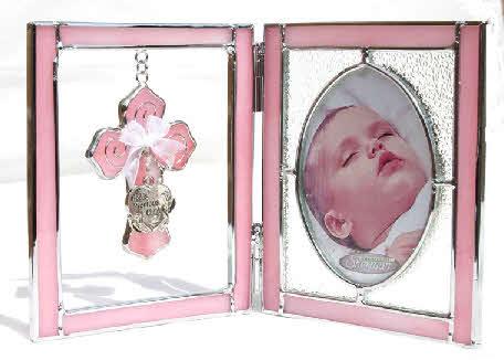5 x 20cms PINK STAINED GLASS PICTURE FRAME with hanging cross which includes white