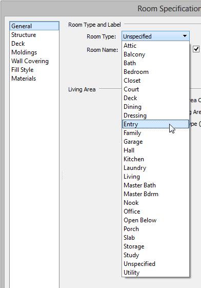 Creating Rooms 2. Click the Open Object edit button to open the Room Specification dialog. 3. On the General panel, click the Room Type drop-down list and select Entry. 4.