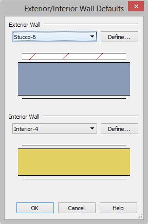Setting Defaults To set the Wall Defaults 1. In the Default Settings dialog, click on the arrow next to "Walls", select "Exterior/Interior Wall" and click the Edit button. 2.