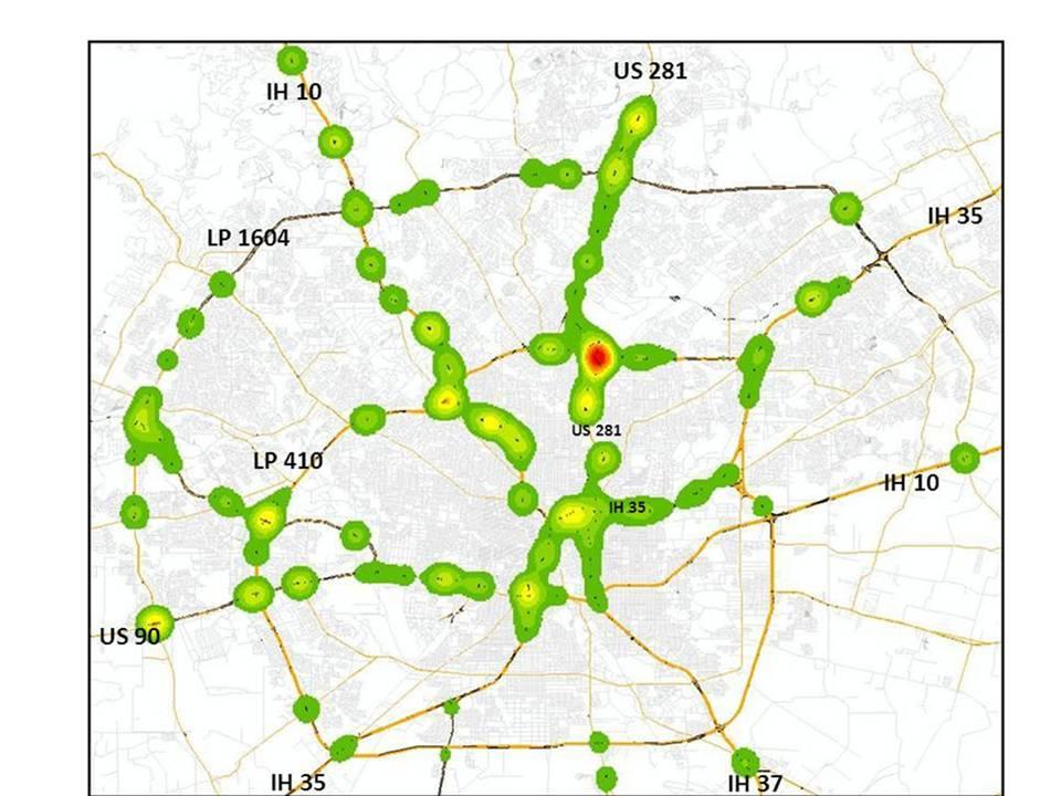 San Antonio Area GIS Map/Density Map- Wrong Way Driver Location