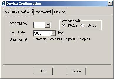 2.3.7 Device Setting Figure 2-6: Changing the PC COM Port and Data Rates The Device tab is the third option available on the configure screen.