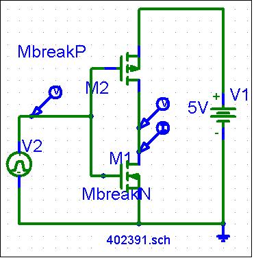 1.4 Logic Here is a typical CMOS logic inverter. What is the current at the current marker in this circuit when the input, V 2, is high?