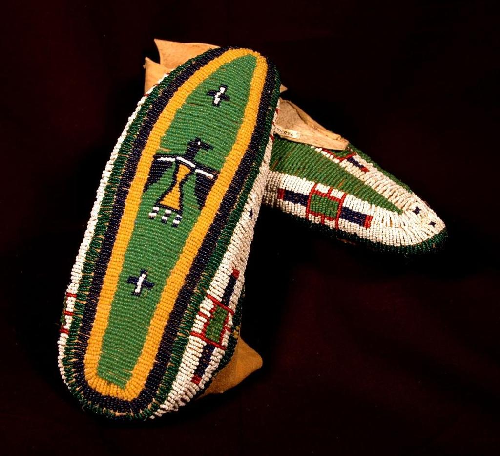 Fully-Beaded Moccasins In the early 1880s, women of the Teton, Assiniboin, and Cheyenne tribes, began to produce moccasins with fully beaded soles.