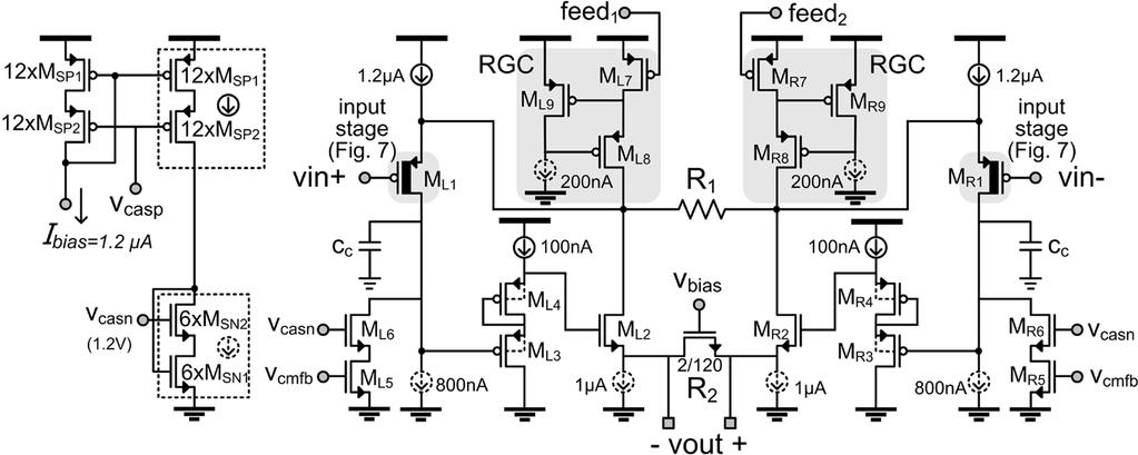 1104 IEEE JOURNAL OF SOLID-STATE CIRCUITS, VOL. 42, NO. 5, MAY 2007 Fig. 8. Complete schematic of the current feedback IA that is used in the ACCIA implementation.