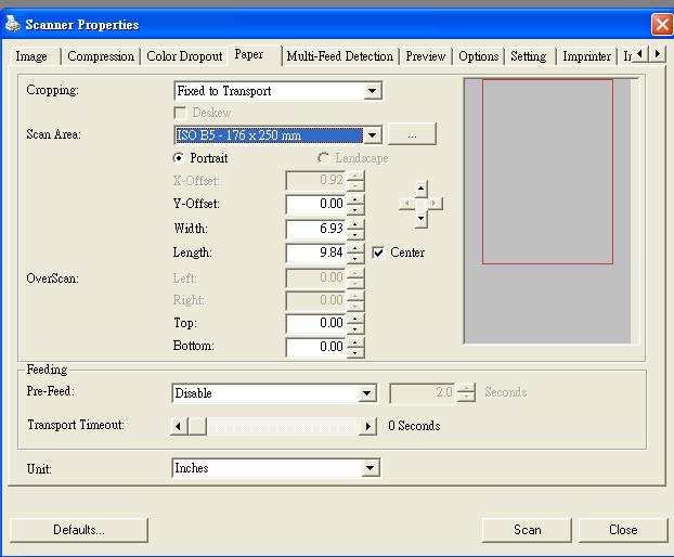 4.5 The Paper Tab The Paper tab allows you to define values relating to image output (i.e., Auto Crop or not, Scan Area, OverScan, Multi- Feed Detection).