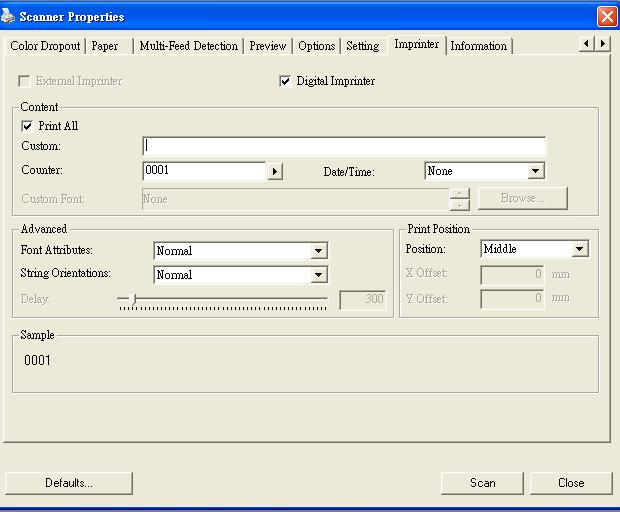 4.10 The Imprinter Tab The Imprinter tab allows you to print alphanumeric characters, date, time, document count and custom message on your scanned image if digital imprinter is selected or at the