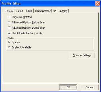 2.6 How to use the Scanner Driver (Continued from the previous page) 6. Select the [Scan] tab and click the [Scanner Settings] on the [Profile Editor] window. 2.1 Turning the scanner ON/OFF 2.