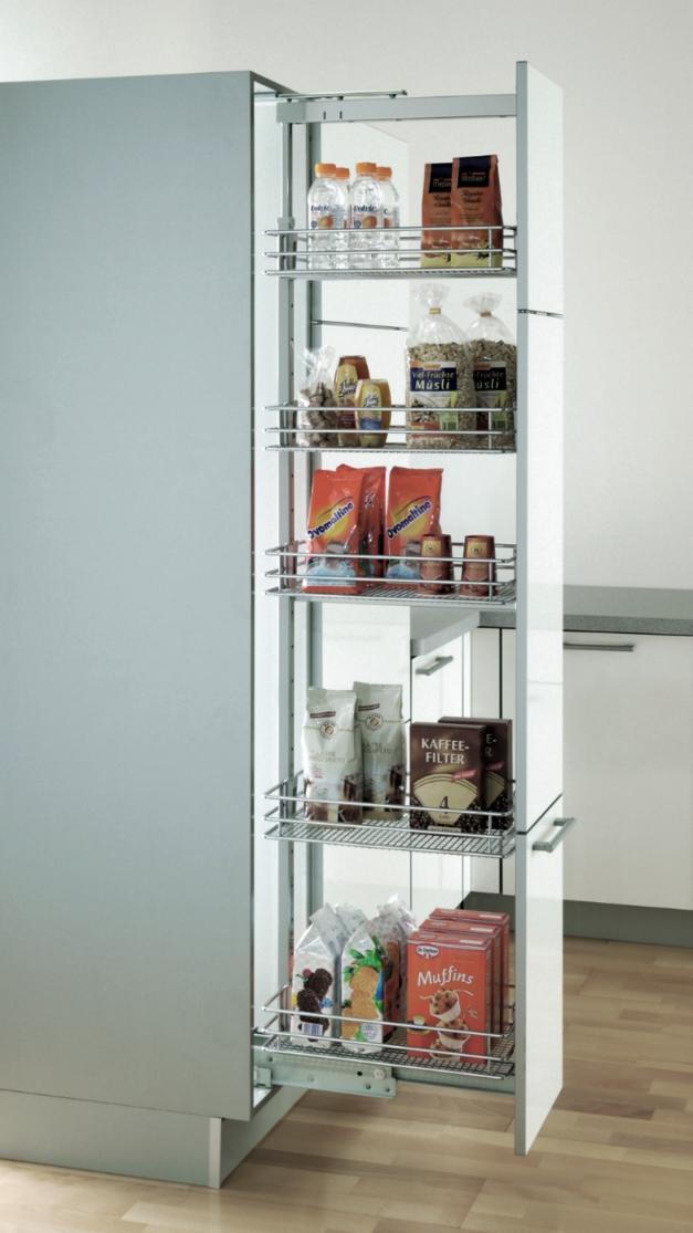 Accessories > Storage Base Larders - Available to suit 150mm, 300mm, & 400mm wide units - Full extension runners with soft close built-in - Heavy grade chrome wirework with bottom shelf container