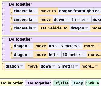 Step 3: Anima)on Con)nued To finish up the code drag in another Do together. We will move the dragon away from the tower.