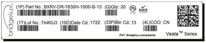3 x 7.9 cm. Figure 16: Product Labeling Bridgelux arrays have laser markings on the back side of the substrate to help with product identification.