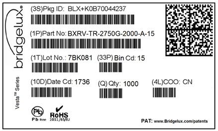 The image below shows which markings are for customer use and which ones are for Bridgelux internal use only.
