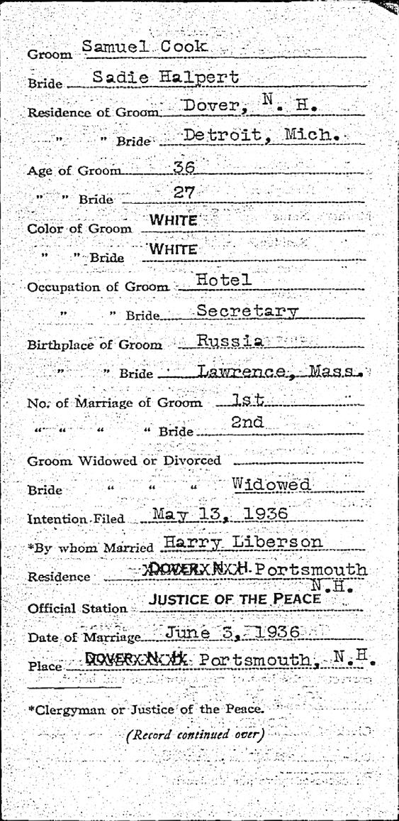 New Hampshire Marriage Records, 1637-1947 Name: Samuel Cook Event: Marriage Event Date: 03 Jun 1936 Event Place: Portsmouth, NH