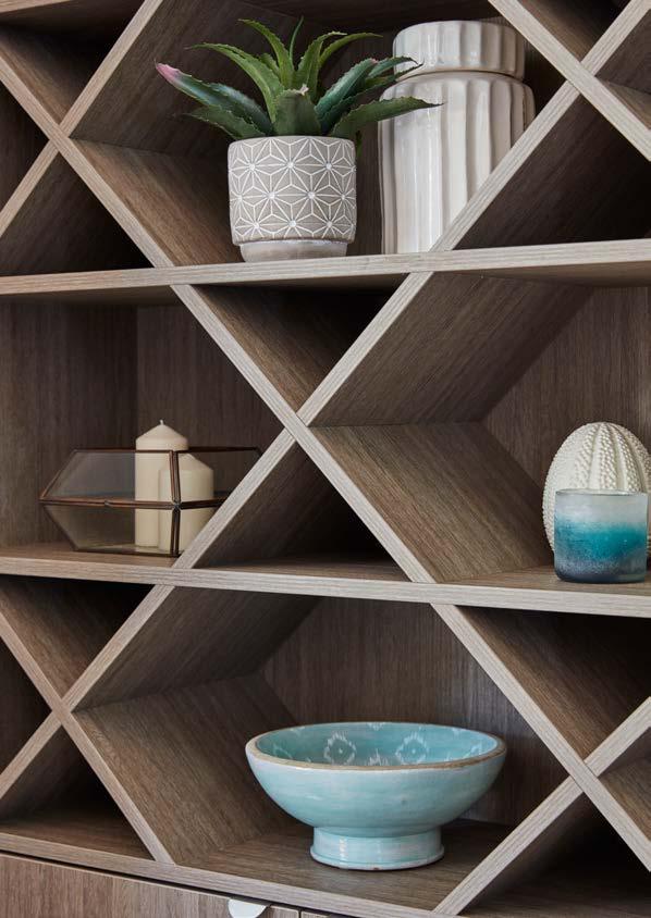 LEFT: Coastal Style bookcase features Laminex Impressions textured surfaces in Jericho Nuance finish.